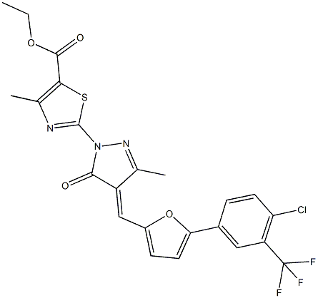 ethyl 2-[4-({5-[4-chloro-3-(trifluoromethyl)phenyl]-2-furyl}methylene)-3-methyl-5-oxo-4,5-dihydro-1H-pyrazol-1-yl]-4-methyl-1,3-thiazole-5-carboxylate Struktur