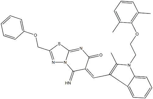 6-({1-[2-(2,6-dimethylphenoxy)ethyl]-2-methyl-1H-indol-3-yl}methylene)-5-imino-2-(phenoxymethyl)-5,6-dihydro-7H-[1,3,4]thiadiazolo[3,2-a]pyrimidin-7-one Struktur