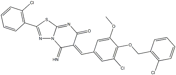 6-{3-chloro-4-[(2-chlorobenzyl)oxy]-5-methoxybenzylidene}-2-(2-chlorophenyl)-5-imino-5,6-dihydro-7H-[1,3,4]thiadiazolo[3,2-a]pyrimidin-7-one Struktur