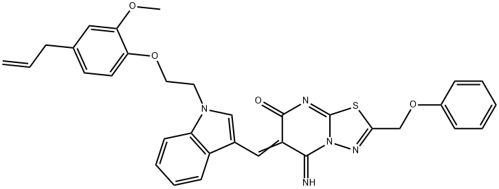 6-({1-[2-(4-allyl-2-methoxyphenoxy)ethyl]-1H-indol-3-yl}methylene)-5-imino-2-(phenoxymethyl)-5,6-dihydro-7H-[1,3,4]thiadiazolo[3,2-a]pyrimidin-7-one Struktur