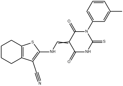 2-{[(1-(3-methylphenyl)-4,6-dioxo-2-thioxotetrahydro-5(2H)-pyrimidinylidene)methyl]amino}-4,5,6,7-tetrahydro-1-benzothiophene-3-carbonitrile Struktur