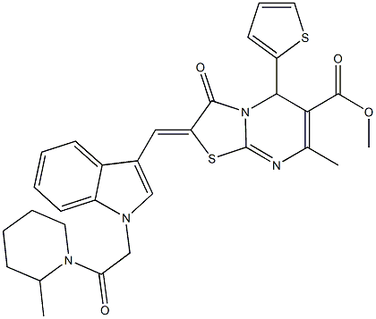 methyl 7-methyl-2-({1-[2-(2-methyl-1-piperidinyl)-2-oxoethyl]-1H-indol-3-yl}methylene)-3-oxo-5-(2-thienyl)-2,3-dihydro-5H-[1,3]thiazolo[3,2-a]pyrimidine-6-carboxylate Struktur