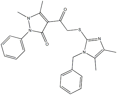 4-{[(1-benzyl-4,5-dimethyl-1H-imidazol-2-yl)sulfanyl]acetyl}-1,5-dimethyl-2-phenyl-1,2-dihydro-3H-pyrazol-3-one Struktur