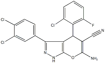 6-amino-4-(2-chloro-6-fluorophenyl)-3-(3,4-dichlorophenyl)-1,4-dihydropyrano[2,3-c]pyrazole-5-carbonitrile Struktur