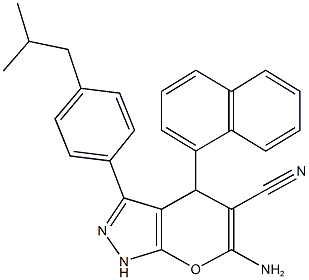 6-amino-3-(4-isobutylphenyl)-4-(1-naphthyl)-1,4-dihydropyrano[2,3-c]pyrazole-5-carbonitrile Struktur