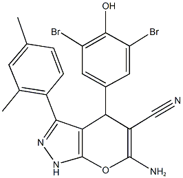 6-amino-4-(3,5-dibromo-4-hydroxyphenyl)-3-(2,4-dimethylphenyl)-1,4-dihydropyrano[2,3-c]pyrazole-5-carbonitrile Struktur