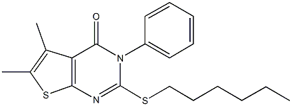 2-(hexylsulfanyl)-5,6-dimethyl-3-phenylthieno[2,3-d]pyrimidin-4(3H)-one Struktur