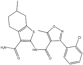 N-[3-(aminocarbonyl)-6-methyl-4,5,6,7-tetrahydro-1-benzothien-2-yl]-3-(2-chlorophenyl)-5-methyl-4-isoxazolecarboxamide Struktur