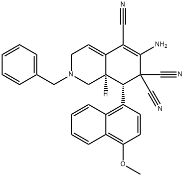 6-amino-2-benzyl-8-(4-methoxy-1-naphthyl)-2,3,8,8a-tetrahydro-5,7,7(1H)-isoquinolinetricarbonitrile Struktur