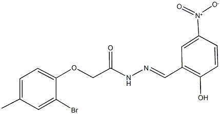 2-(2-bromo-4-methylphenoxy)-N'-{2-hydroxy-5-nitrobenzylidene}acetohydrazide Struktur