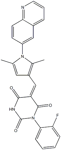 5-{[2,5-dimethyl-1-(6-quinolinyl)-1H-pyrrol-3-yl]methylene}-1-(2-fluorophenyl)-2,4,6(1H,3H,5H)-pyrimidinetrione Struktur