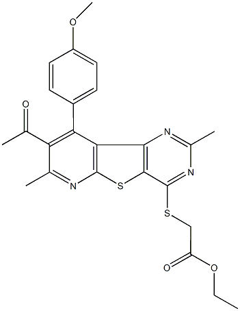 ethyl {[8-acetyl-9-(4-methoxyphenyl)-2,7-dimethylpyrido[3',2':4,5]thieno[3,2-d]pyrimidin-4-yl]sulfanyl}acetate Struktur