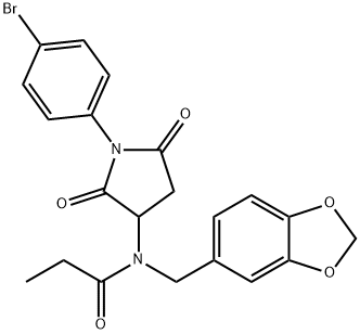 N-(1,3-benzodioxol-5-ylmethyl)-N-[1-(4-bromophenyl)-2,5-dioxo-3-pyrrolidinyl]propanamide Struktur