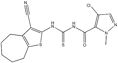 N-[(4-chloro-1-methyl-1H-pyrazol-5-yl)carbonyl]-N'-(3-cyano-5,6,7,8-tetrahydro-4H-cyclohepta[b]thien-2-yl)thiourea Struktur