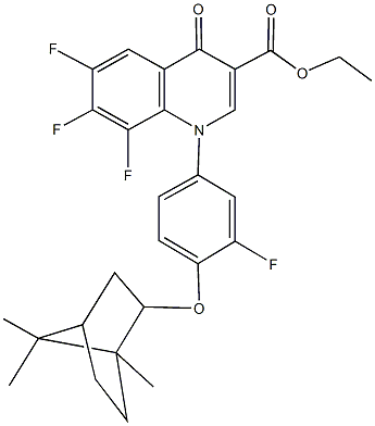 ethyl 6,7,8-trifluoro-1-{3-fluoro-4-[(1,7,7-trimethylbicyclo[2.2.1]hept-2-yl)oxy]phenyl}-4-oxo-1,4-dihydro-3-quinolinecarboxylate Struktur