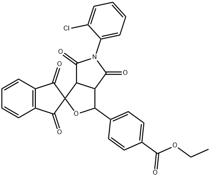 ethyl 4-{5-(2-chlorophenyl)-1',3',4,6(2'H)-tetraoxo-1,3,3a,4,6,6a-hexahydrospiro[1H-furo[3,4-c]pyrrole-3,2'-(1'H)-indene]-1-yl}benzoate Struktur