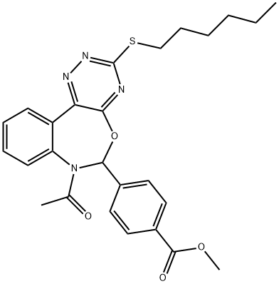 methyl 4-[7-acetyl-3-(hexylsulfanyl)-6,7-dihydro[1,2,4]triazino[5,6-d][3,1]benzoxazepin-6-yl]benzoate Struktur