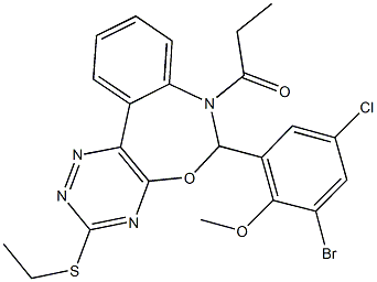 6-(3-bromo-5-chloro-2-methoxyphenyl)-3-(ethylsulfanyl)-7-propionyl-6,7-dihydro[1,2,4]triazino[5,6-d][3,1]benzoxazepine Struktur