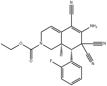 ethyl 6-amino-5,7,7-tricyano-8-(2-fluorophenyl)-3,7,8,8a-tetrahydro-2(1H)-isoquinolinecarboxylate Struktur