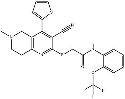 2-[(3-cyano-6-methyl-4-thien-2-yl-5,6,7,8-tetrahydro[1,6]naphthyridin-2-yl)sulfanyl]-N-[2-(trifluoromethoxy)phenyl]acetamide Struktur