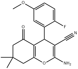 2-amino-4-[2-fluoro-5-(methyloxy)phenyl]-7,7-dimethyl-5-oxo-5,6,7,8-tetrahydro-4H-chromene-3-carbonitrile Struktur