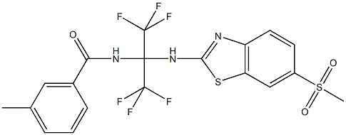 3-methyl-N-[2,2,2-trifluoro-1-{[6-(methylsulfonyl)-1,3-benzothiazol-2-yl]amino}-1-(trifluoromethyl)ethyl]benzamide Struktur