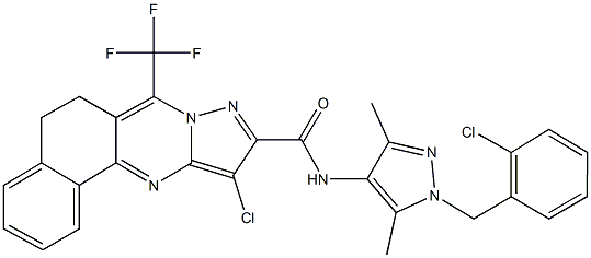 11-chloro-N-[1-(2-chlorobenzyl)-3,5-dimethyl-1H-pyrazol-4-yl]-7-(trifluoromethyl)-5,6-dihydrobenzo[h]pyrazolo[5,1-b]quinazoline-10-carboxamide Struktur