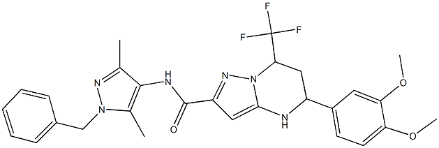 N-(1-benzyl-3,5-dimethyl-1H-pyrazol-4-yl)-5-(3,4-dimethoxyphenyl)-7-(trifluoromethyl)-4,5,6,7-tetrahydropyrazolo[1,5-a]pyrimidine-2-carboxamide Struktur