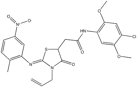 2-[3-allyl-2-({5-nitro-2-methylphenyl}imino)-4-oxo-1,3-thiazolidin-5-yl]-N-(4-chloro-2,5-dimethoxyphenyl)acetamide Struktur