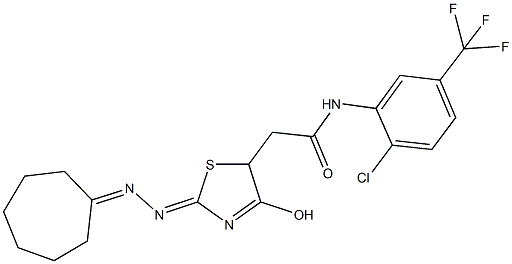 N-[2-chloro-5-(trifluoromethyl)phenyl]-2-[2-(cycloheptylidenehydrazono)-4-hydroxy-2,5-dihydro-1,3-thiazol-5-yl]acetamide Struktur