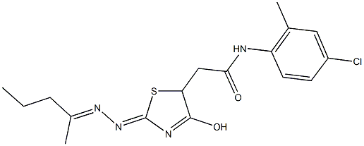 N-(4-chloro-2-methylphenyl)-2-{4-hydroxy-2-[(1-methylbutylidene)hydrazono]-2,5-dihydro-1,3-thiazol-5-yl}acetamide Struktur