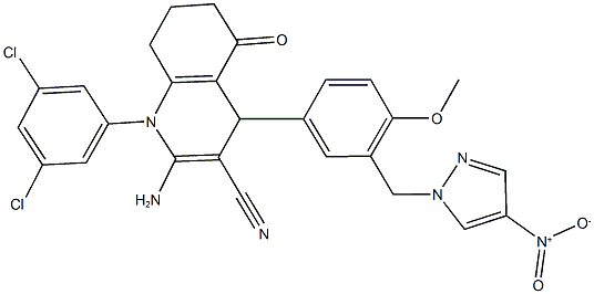 2-amino-1-(3,5-dichlorophenyl)-4-[3-({4-nitro-1H-pyrazol-1-yl}methyl)-4-methoxyphenyl]-5-oxo-1,4,5,6,7,8-hexahydroquinoline-3-carbonitrile Struktur