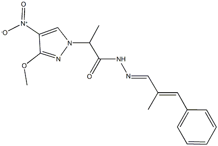 2-{4-nitro-3-methoxy-1H-pyrazol-1-yl}-N'-(2-methyl-3-phenyl-2-propenylidene)propanohydrazide Struktur