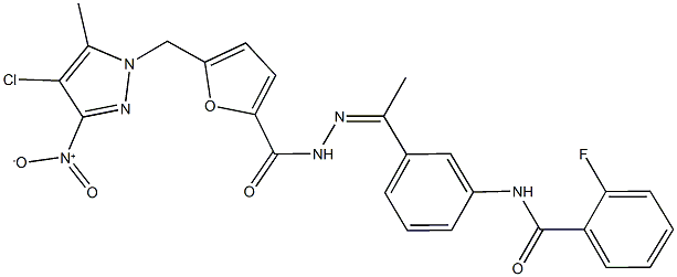 N-(3-{N-[5-({4-chloro-3-nitro-5-methyl-1H-pyrazol-1-yl}methyl)-2-furoyl]ethanehydrazonoyl}phenyl)-2-fluorobenzamide Struktur