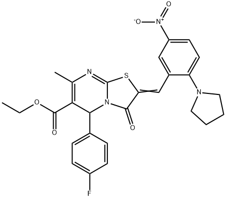 ethyl 5-(4-fluorophenyl)-2-[5-nitro-2-(1-pyrrolidinyl)benzylidene]-7-methyl-3-oxo-2,3-dihydro-5H-[1,3]thiazolo[3,2-a]pyrimidine-6-carboxylate Struktur