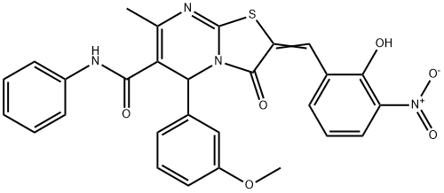 2-{2-hydroxy-3-nitrobenzylidene}-5-(3-methoxyphenyl)-7-methyl-3-oxo-N-phenyl-2,3-dihydro-5H-[1,3]thiazolo[3,2-a]pyrimidine-6-carboxamide Struktur