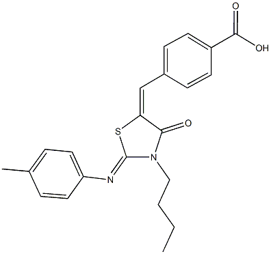 4-({3-butyl-2-[(4-methylphenyl)imino]-4-oxo-1,3-thiazolidin-5-ylidene}methyl)benzoic acid Structure