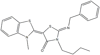 2-(benzylimino)-3-butyl-5-(3-methyl-1,3-benzothiazol-2(3H)-ylidene)-1,3-thiazolidin-4-one Struktur