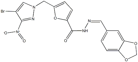 N'-(1,3-benzodioxol-5-ylmethylene)-5-({4-bromo-3-nitro-1H-pyrazol-1-yl}methyl)-2-furohydrazide Struktur