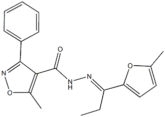 5-methyl-N'-[1-(5-methyl-2-furyl)propylidene]-3-phenyl-4-isoxazolecarbohydrazide Struktur