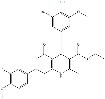 ethyl 4-(3-bromo-4-hydroxy-5-methoxyphenyl)-7-(3,4-dimethoxyphenyl)-2-methyl-5-oxo-1,4,5,6,7,8-hexahydro-3-quinolinecarboxylate Struktur