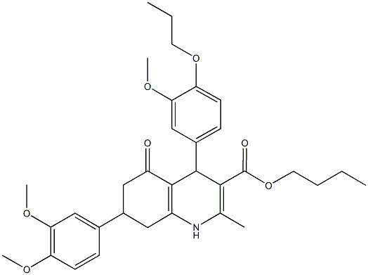 butyl 7-(3,4-dimethoxyphenyl)-4-(3-methoxy-4-propoxyphenyl)-2-methyl-5-oxo-1,4,5,6,7,8-hexahydro-3-quinolinecarboxylate Struktur