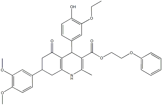 2-phenoxyethyl 7-(3,4-dimethoxyphenyl)-4-(3-ethoxy-4-hydroxyphenyl)-2-methyl-5-oxo-1,4,5,6,7,8-hexahydro-3-quinolinecarboxylate Struktur