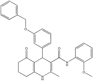 4-[3-(benzyloxy)phenyl]-N-(2-methoxyphenyl)-2-methyl-5-oxo-1,4,5,6,7,8-hexahydro-3-quinolinecarboxamide Struktur