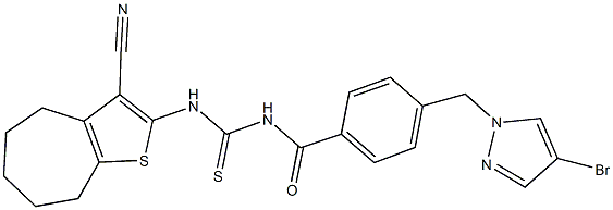 N-{4-[(4-bromo-1H-pyrazol-1-yl)methyl]benzoyl}-N'-(3-cyano-5,6,7,8-tetrahydro-4H-cyclohepta[b]thien-2-yl)thiourea Struktur