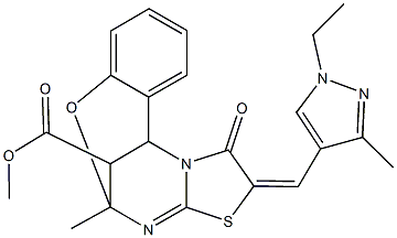 methyl 13-[(1-ethyl-3-methyl-1H-pyrazol-4-yl)methylene]-9-methyl-14-oxo-8-oxa-12-thia-10,15-diazatetracyclo[7.6.1.0~2,7~.0~11,15~]hexadeca-2,4,6,10-tetraene-16-carboxylate Struktur