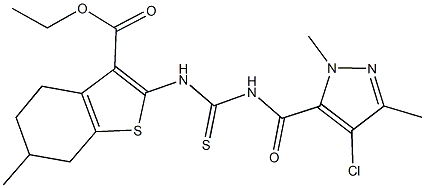 ethyl 2-[({[(4-chloro-1,3-dimethyl-1H-pyrazol-5-yl)carbonyl]amino}carbothioyl)amino]-6-methyl-4,5,6,7-tetrahydro-1-benzothiophene-3-carboxylate Struktur