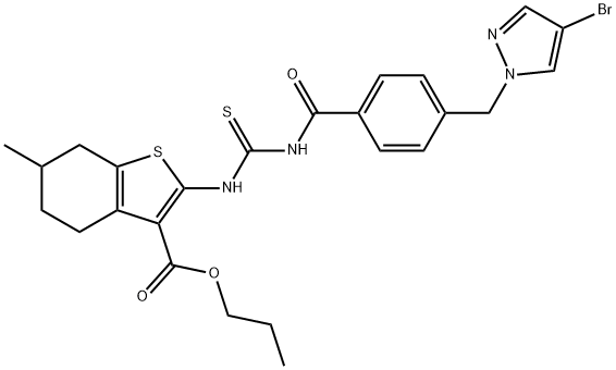 propyl 2-{[({4-[(4-bromo-1H-pyrazol-1-yl)methyl]benzoyl}amino)carbothioyl]amino}-6-methyl-4,5,6,7-tetrahydro-1-benzothiophene-3-carboxylate Struktur