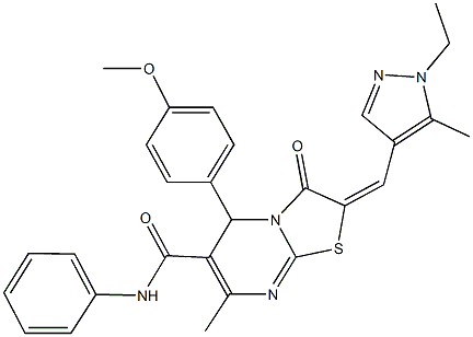 2-[(1-ethyl-5-methyl-1H-pyrazol-4-yl)methylene]-5-(4-methoxyphenyl)-7-methyl-3-oxo-N-phenyl-2,3-dihydro-5H-[1,3]thiazolo[3,2-a]pyrimidine-6-carboxamide Struktur