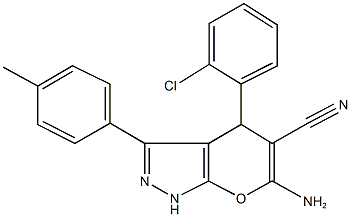 6-amino-4-(2-chlorophenyl)-3-(4-methylphenyl)-1,4-dihydropyrano[2,3-c]pyrazole-5-carbonitrile Struktur